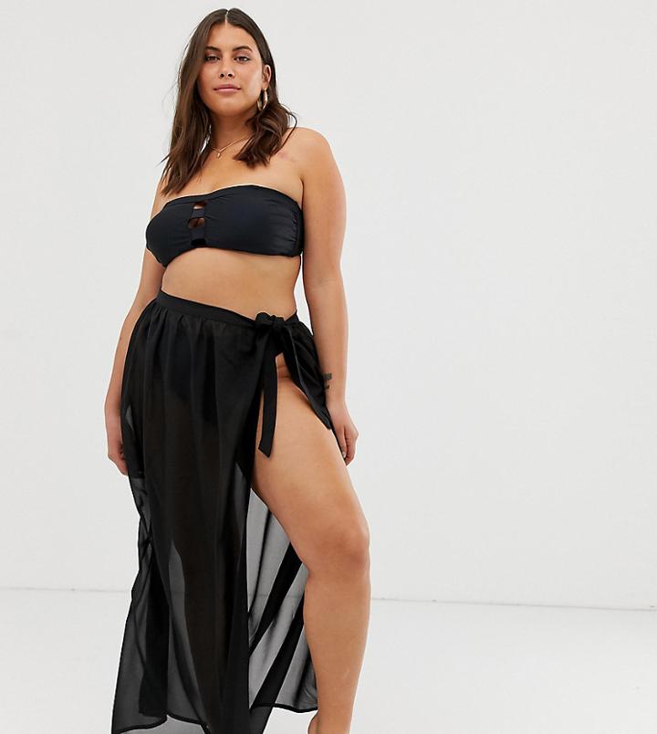 Simply Be Tie Side Beach Maxi Skirt In Black - Black