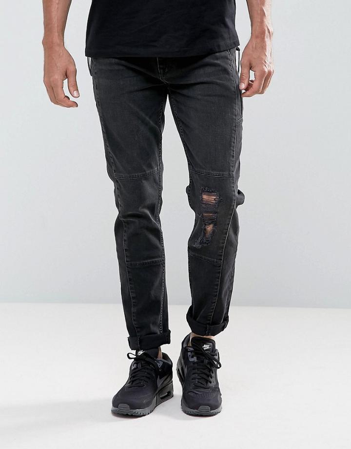 Asos Skinny Jeans In Washed Black Biker With Chunky Zips - Black