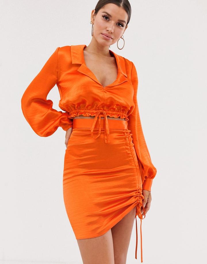 Asos Design Tux Crop Top Two-piece With Draw Cord In High Shine Satin-red
