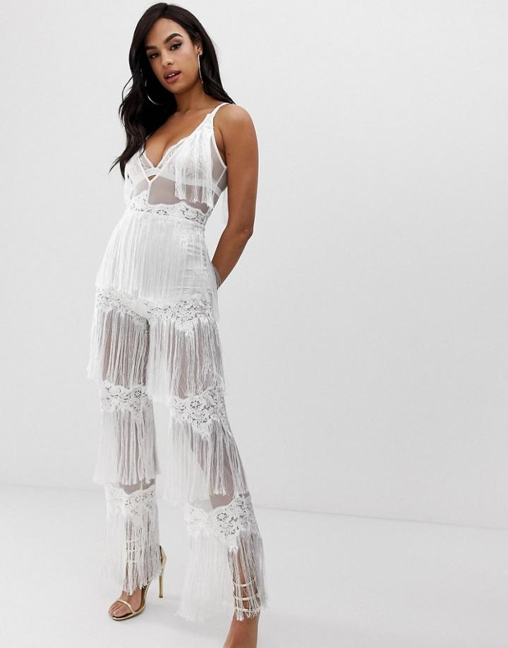 Lioness Sleeveless Allover Lace Jumpsuit With Tassel Trims In White - White