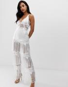Lioness Sleeveless Allover Lace Jumpsuit With Tassel Trims In White - White