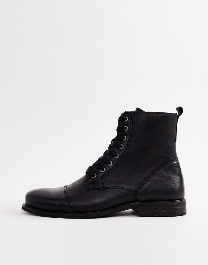 River Island Leather Boots In Black - Black