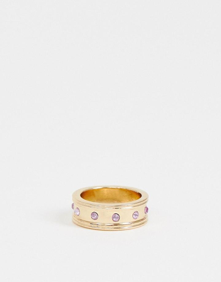 Asos Design Ring With Violet Crystal Stones In Gold - Gold