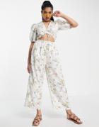 Asos Design Lace Insert Cut Out Jumpsuit With Puff Sleeve In Floral Grid Print-multi