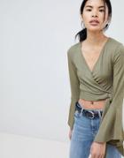 New Look Rib Wrap Top With Flare Sleeves - Green