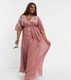 Asos Design Bridesmaid Curve Flutter Sleeve Wrap Waist Maxi Dress With Tonal Floral Embroidery-pink