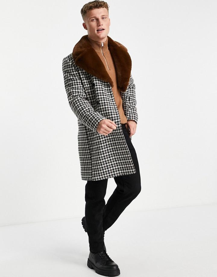 Gianni Feraud Faux Fur Collar Checked Coat-black