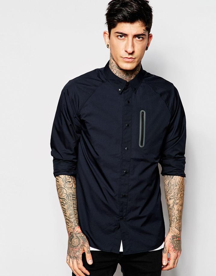 Asos Shirt In Long Sleeve With Heat Seal Pocket - Navy