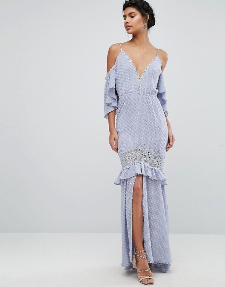 Dark Pink Bardot Maxi Dress With Lace Inserts - Blue