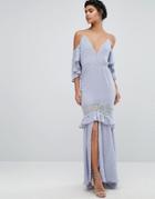Dark Pink Bardot Maxi Dress With Lace Inserts - Blue