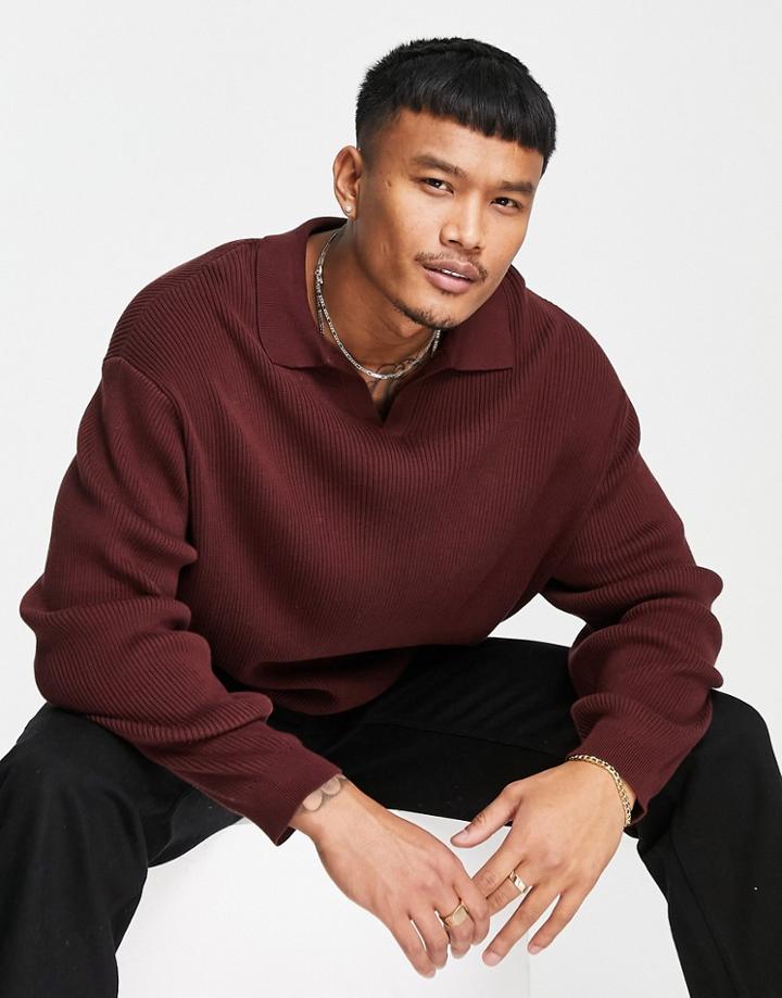 Asos Design Oversized Lightweight Rib Sweater With Notch Neck In Burgundy-red