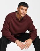Asos Design Oversized Lightweight Rib Sweater With Notch Neck In Burgundy-red