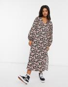 Asos Design Long Bubble Sleeve Midi Dress In Black Floral Print-multi