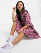 Asos Design Super Oversized Frill Sleeve Smock Dress In Berry Floral-red