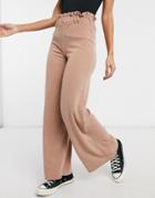 Asos Design Brushed Ribbed Wide Leg Pants With Paperbag Waist In Pink