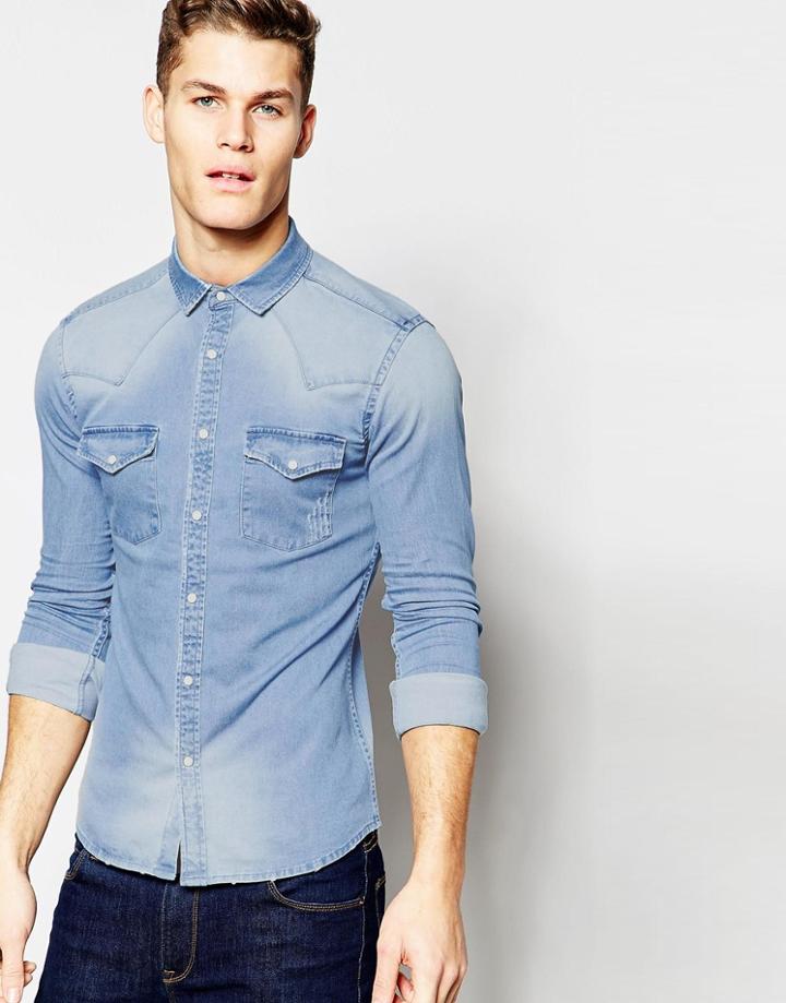 Asos Skinny Western Denim Shirt In Mid Wash With Long Sleeves - Mid Wash