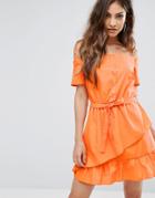 Prettylittlething Bardot Ruffle Hem Mini Dress - Orange