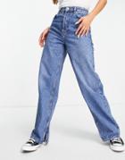 Topshop Oversized Mom Jean With Split Hems In Mid Blue-blues