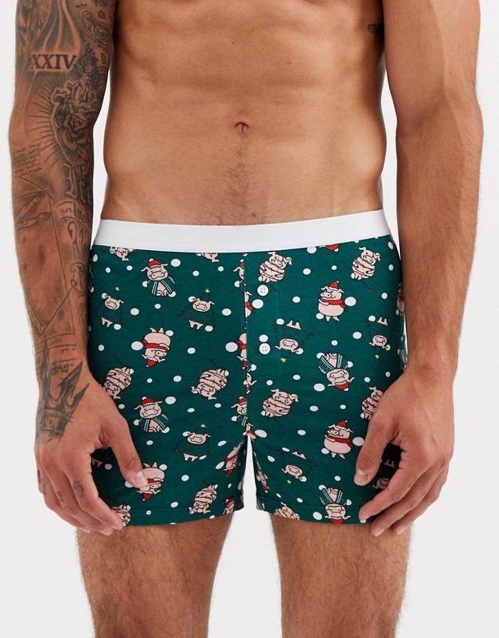 Asos Design Holidays Boxer Short In Teal With Festive Pig Print