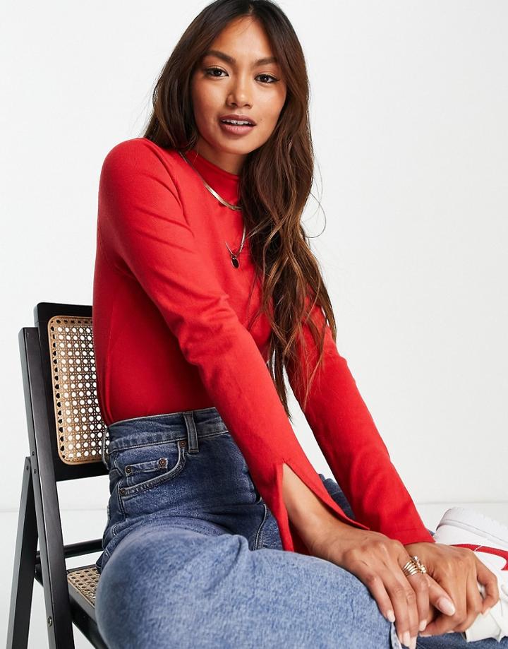 Fashion Union High Neck Ribbed Sweater With Bust Seam Detail-red