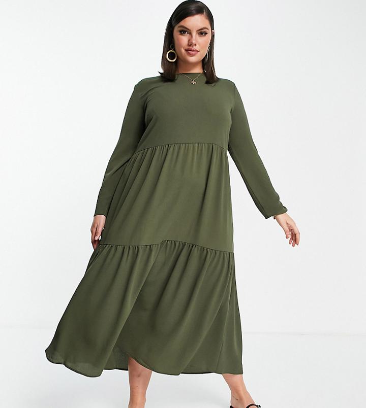 Asos Design Curve Long Sleeve Tiered Smock Midi Dress In Khaki-green