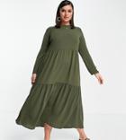 Asos Design Curve Long Sleeve Tiered Smock Midi Dress In Khaki-green
