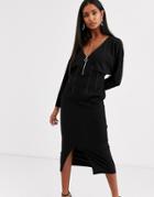 Asos Design Zip Front Contrast Stitch Midi Dress-black
