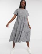 Missguided Poplin Tiered Midi Smock Dress In Gingham-multi