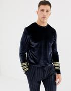 Asos Design Longline Long Sleeve T-shirt With Sleeve Taping In Velour In Navy - Navy