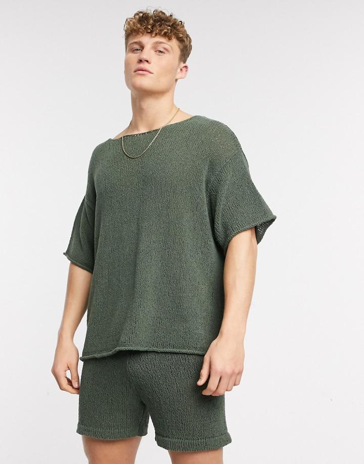 Asos Design Oversized Textured T-shirt In Khaki-green