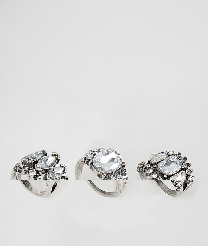 New Look Statement Stone Ring Pack - Silver