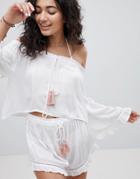 South Beach Co-ord Bardot Beach Top With Bell Sleeve And Tassel Detail - White