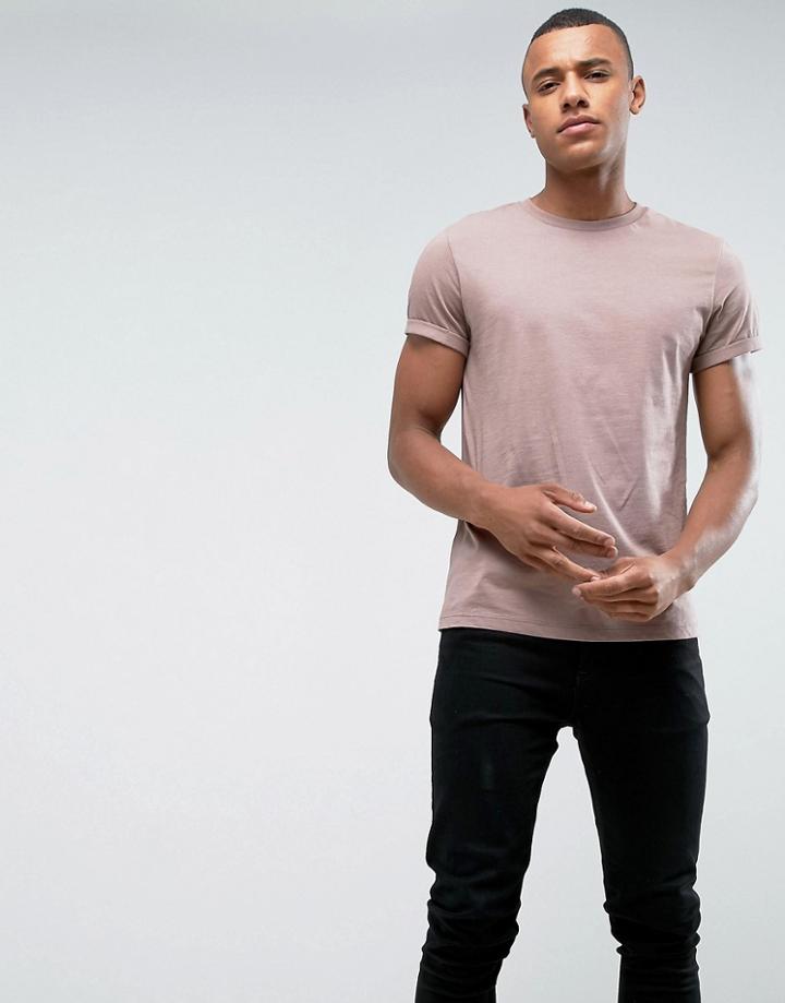 Asos Crew Neck T-shirt With Roll Sleeve - Brown