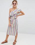 Asos One Shoulder Ruffle Dress In Bright Stripe - Multi