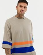 Asos Design Organic Oversized Super Longline T-shirt With Half Sleeve With Bright Contrast Panels In Beige - Beige