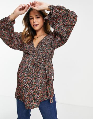 Topshop Maternity Floral Wrap Blouse In Multi