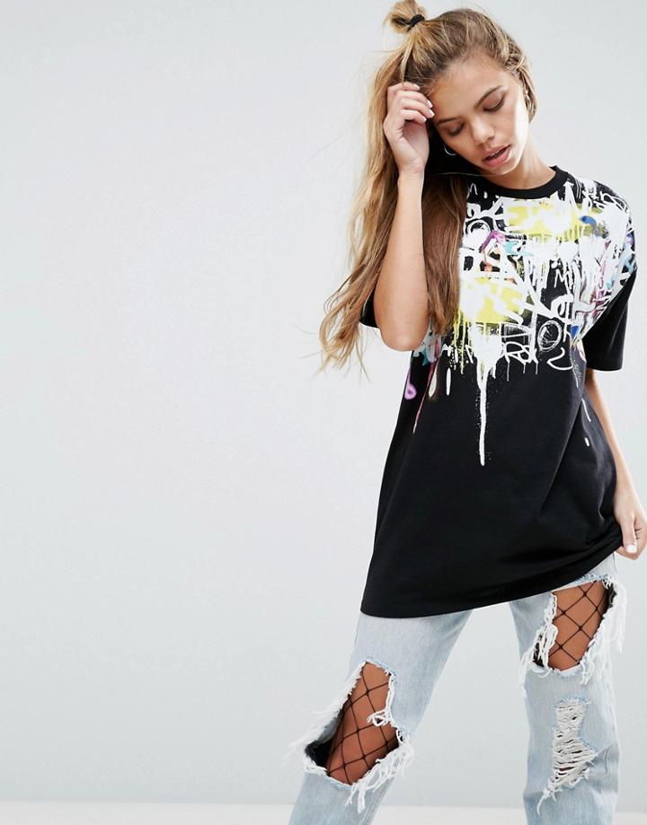 Asos T-shirt With Graffiti Neckline Print - Black