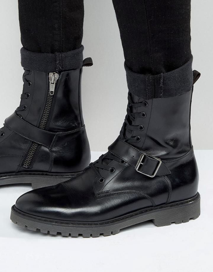 Asos Lace Up Boots In Black Leather With Strap Detail - Black