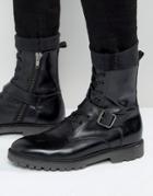 Asos Lace Up Boots In Black Leather With Strap Detail - Black