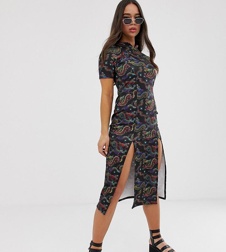 Rokoko Midi Length Bodycon Dress In Dragon Print With Thigh Split-black