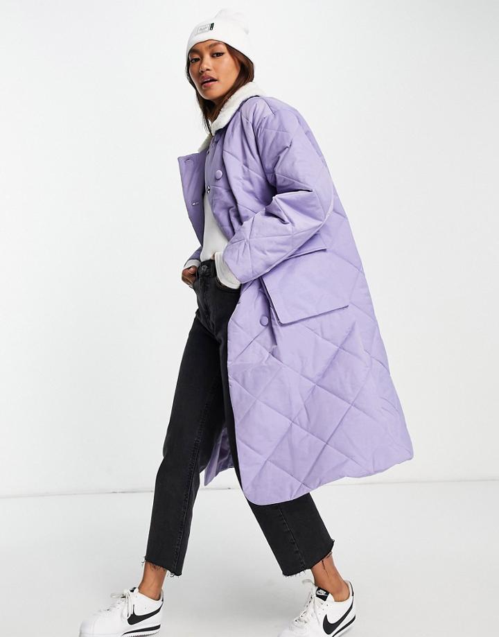Annorlunda Mid Length Quilted Coat With Contrast Fleece Collar-purple