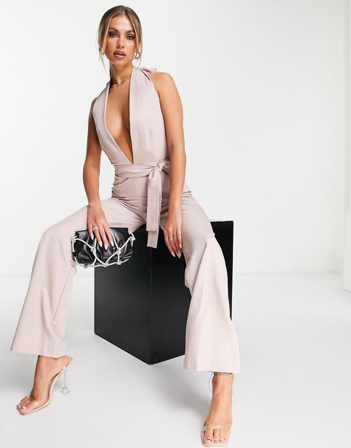 Vesper Plunge Jumpsuit In Blush-pink