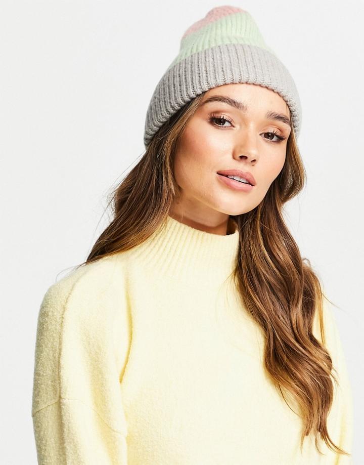 French Connection Ribbed Color Block Beanie In Green