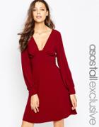 Asos Tall 70's Plunge Mini Dress With Long Sleeves - Black $20.50