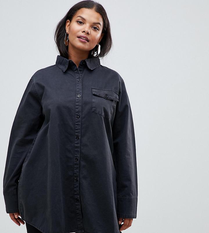 Prettylittlething Plus Washed Denim Oversized Shirt In Black - Black