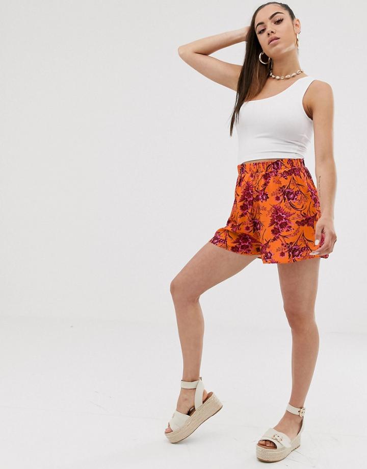 Asos Design Elasticated Waist Shorts In Orange Tropical Print-multi