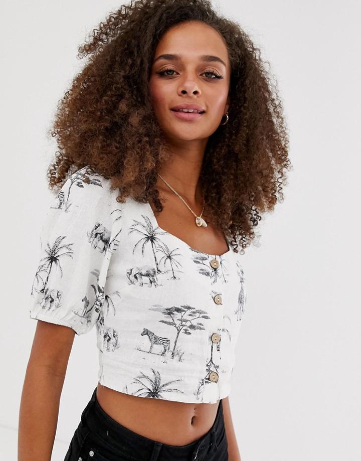 New Look Square Neck Animal Print Button Through Top In White Pattern