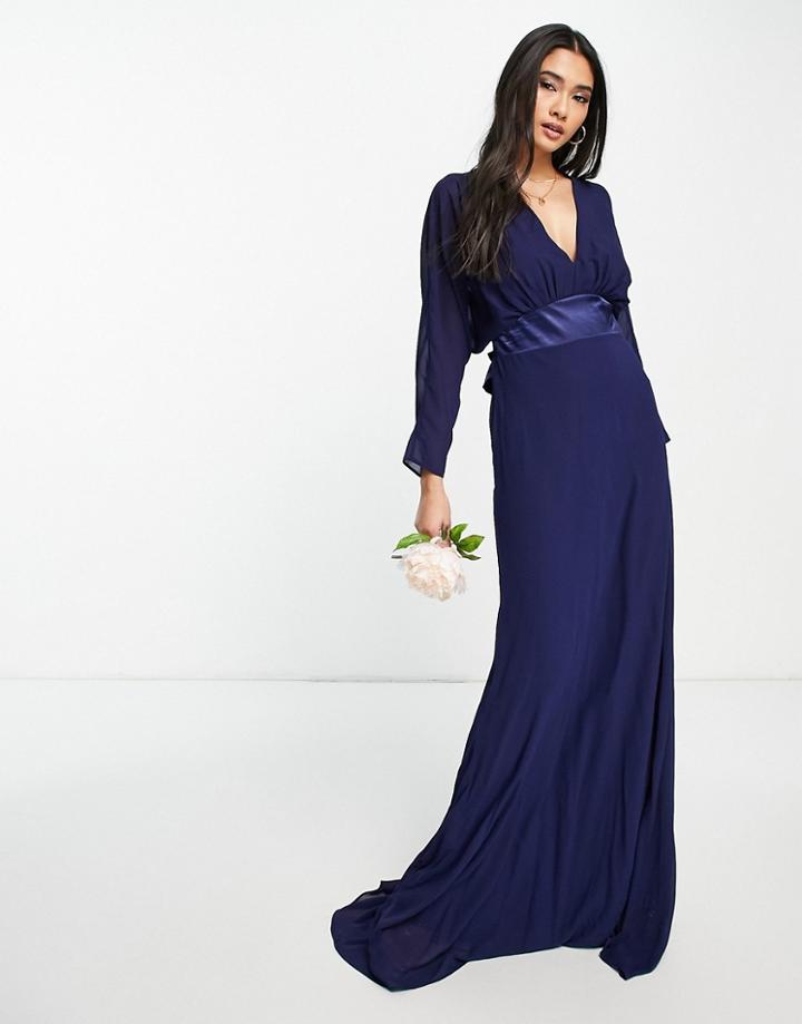 Tfnc Bridesmaid Long Sheer Sleeve Maxi Dress With Bow Back Detail In Navy