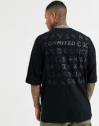 Asos Design Oversized Super Longline T-shirt With Glossy Tonal Back Print And Side Splits-black