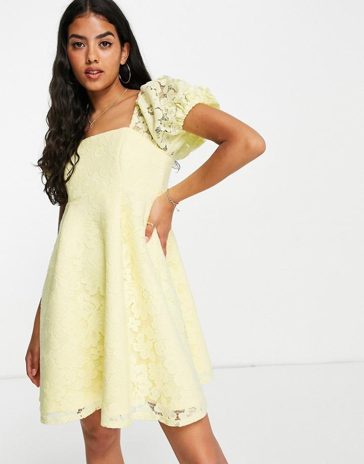 Miss Selfridge Lace Puff Sleeve Mini Dress In Yellow